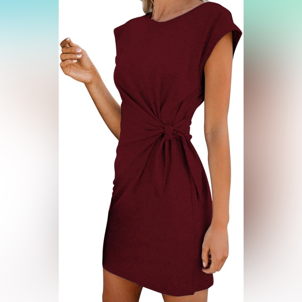 Women’s Tie Waist Cap Sleeve T-Shirt Dress in Wine Red